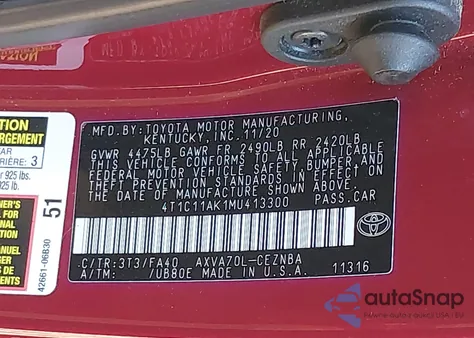 2021 Toyota Camry Le z USA, uszkodzony, nr VIN 4T1C11AK1MU413300